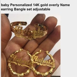 Custom 14k gold overlay name earrings Bangle set